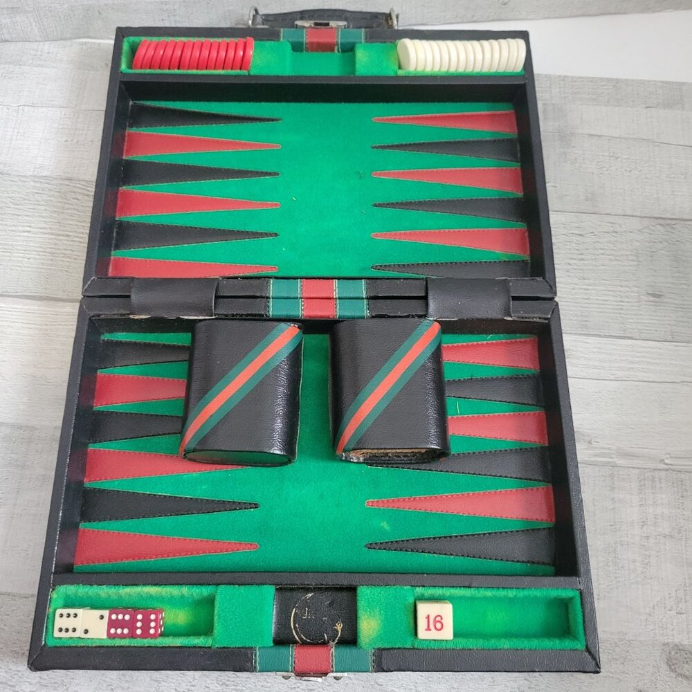 Vintage Backgammon Set With Dice & Cups In Black Leatherette Case